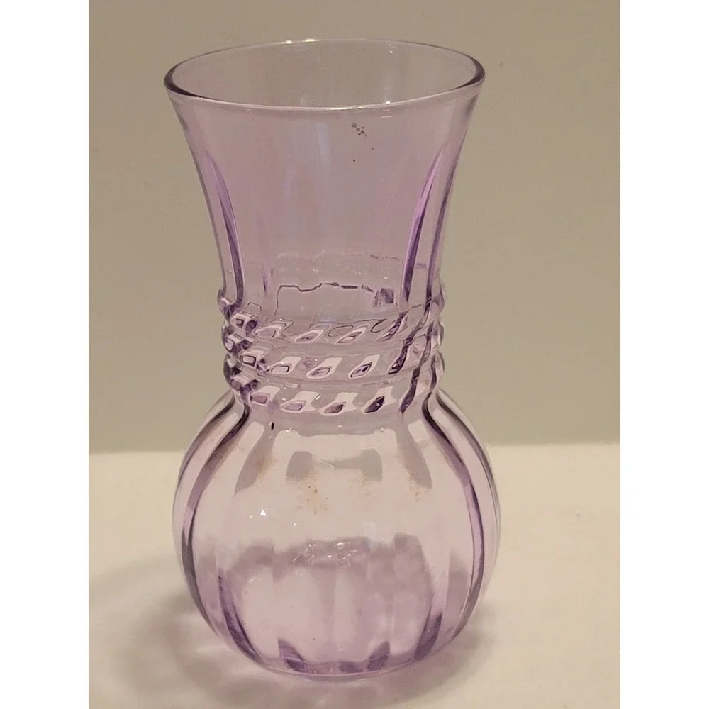 Vtg Glass Bud Vase Ribbed Braided Waist Cottagecore Country Lavender‎ Purple 7in
